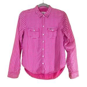 Hollister Pink & White Gingham Checked Flannel Button Up Picket With Logo Vintag